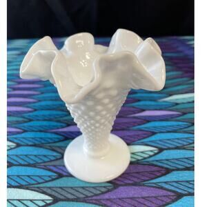 White Milk Glass Hobnail Vase w/Floral Fluted Top